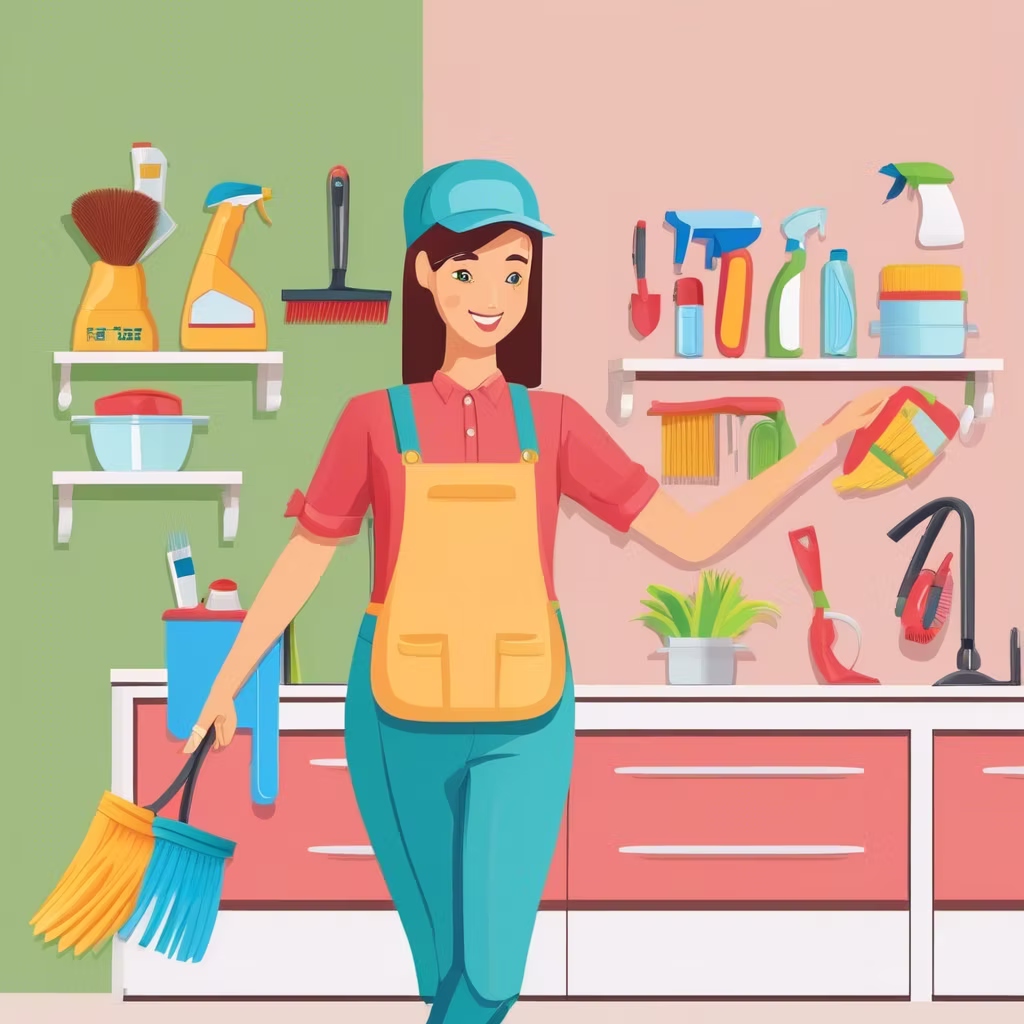 Flexible cleaner work London illustration showing a cleaner holding a broom with cleaning products on shelves